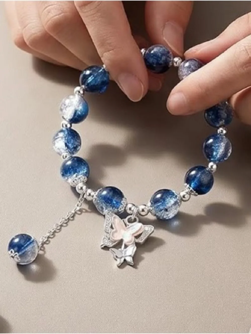 🆕New Blue Sparkle Beaded Bracelet with Butterfly Charm